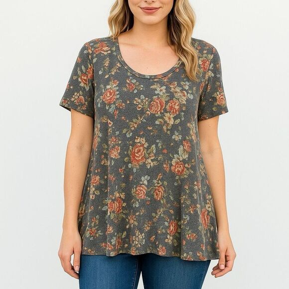 🌸 LuLaRoe Perfect Tee XS Gray Floral Print Scoop Neck Top - Picture 2 of 5